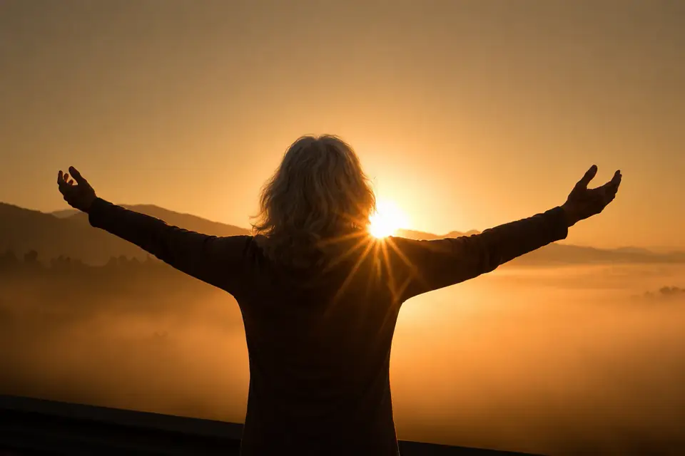 Mulher contemplando o pôr do sol com os braços abertos